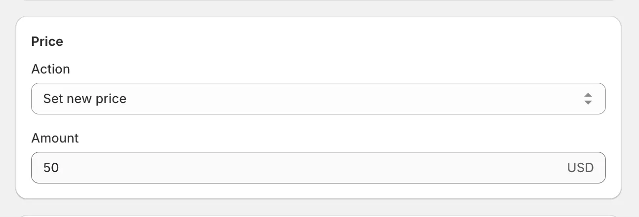 The Price card with Set new price selected and an amount entered