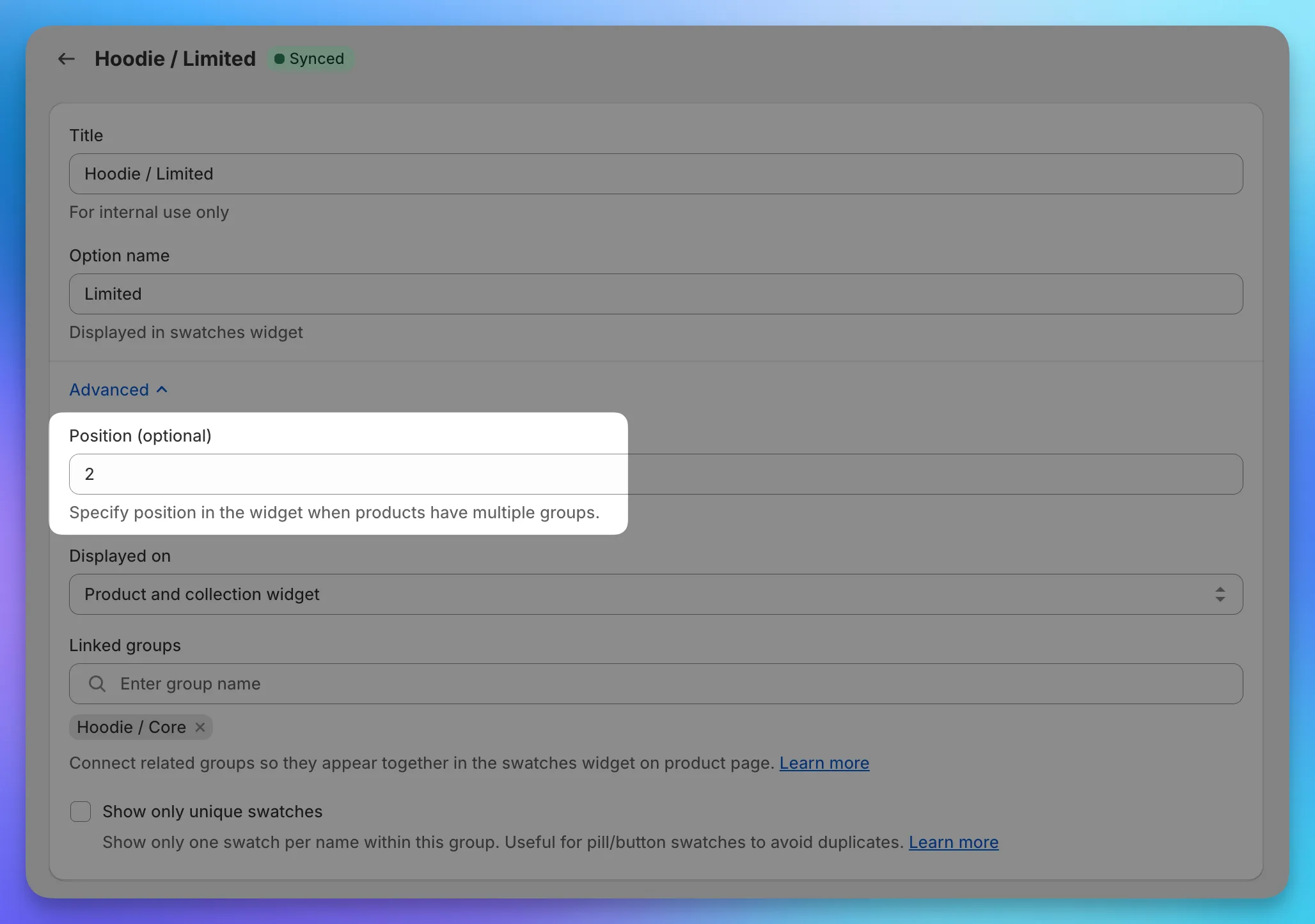 Position field set to 1 in the Core group's Advanced settings.