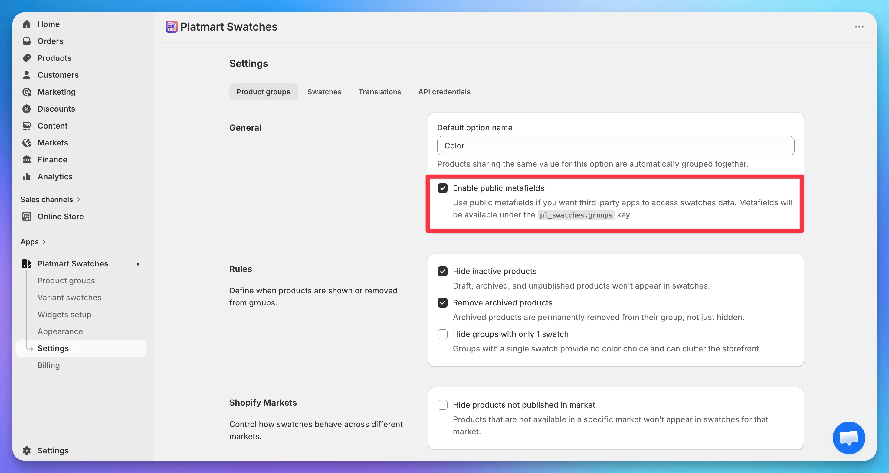 The Enable public metafields checkbox in Settings, Product groups, General.