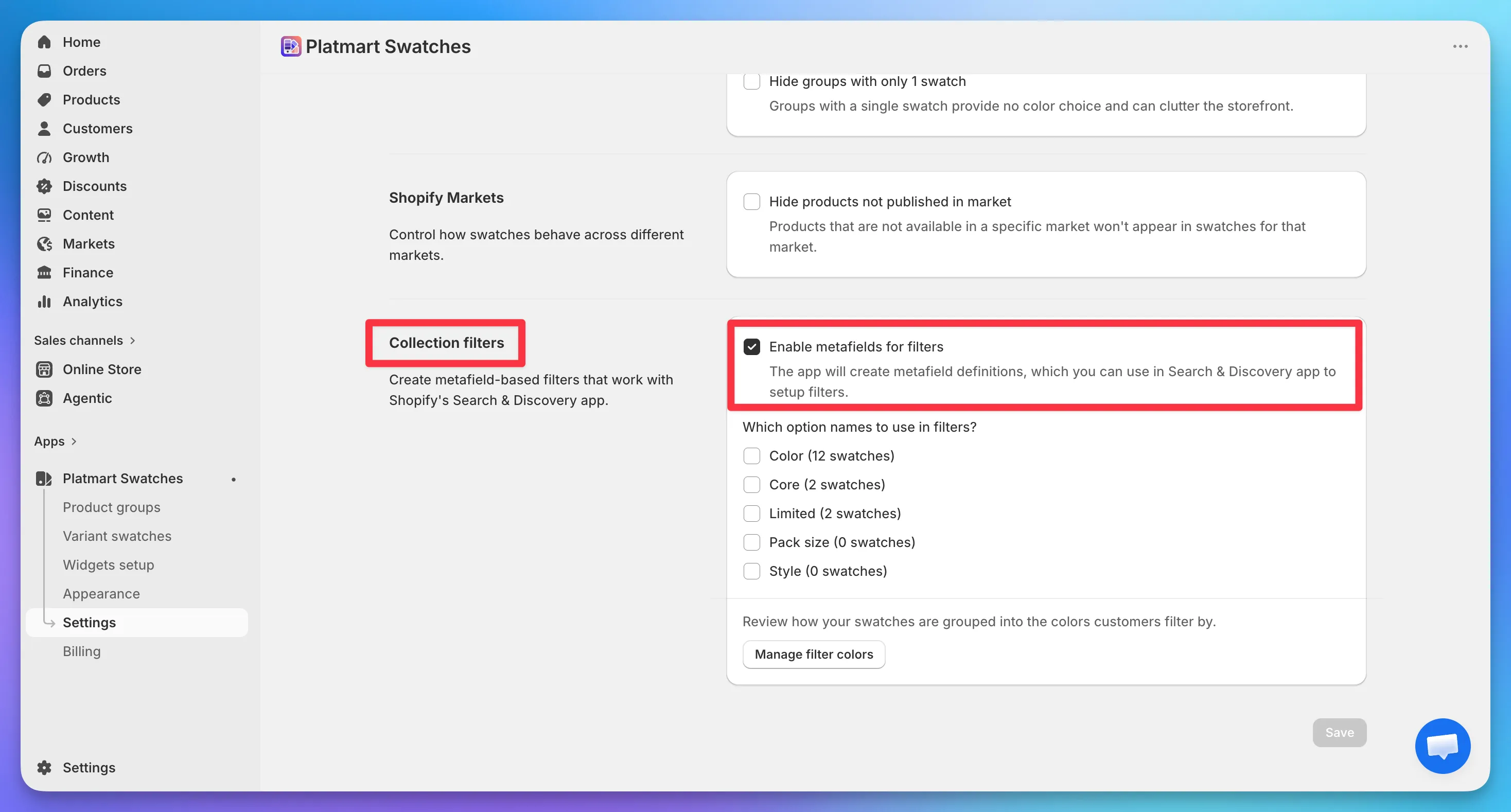 The Collection filters card with the Enable metafields for filters checkbox turned on.