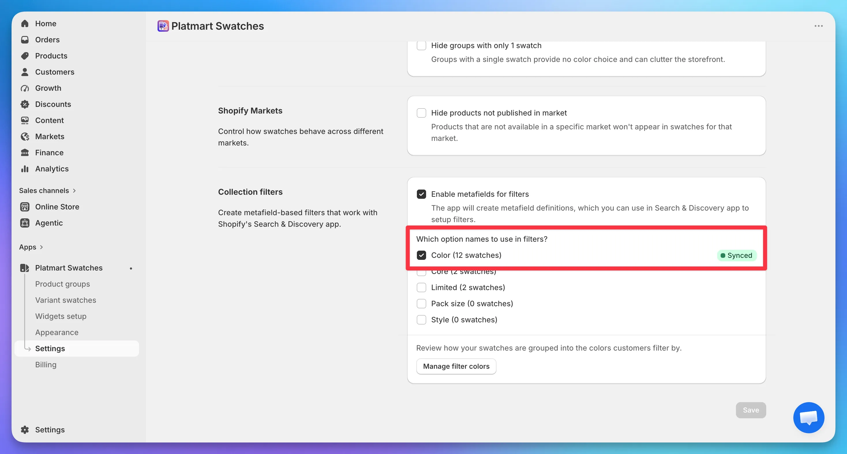 The 'Which option names to use in filters' list, with Color (12 swatches) checked and a Synced badge next to it.