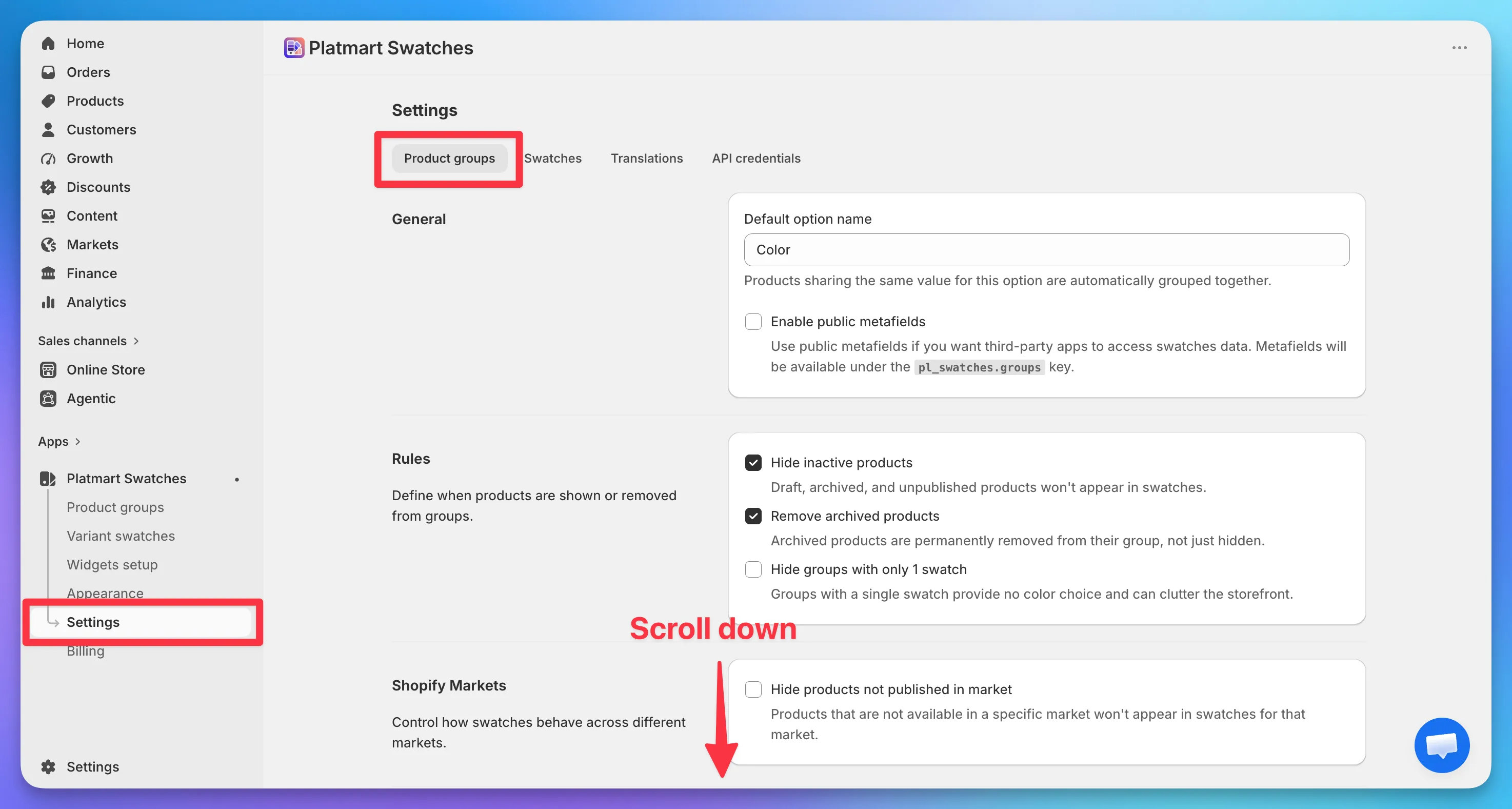 The Product groups tab in Color Swatches settings, with an arrow pointing down to the Collection filters card lower on the page.