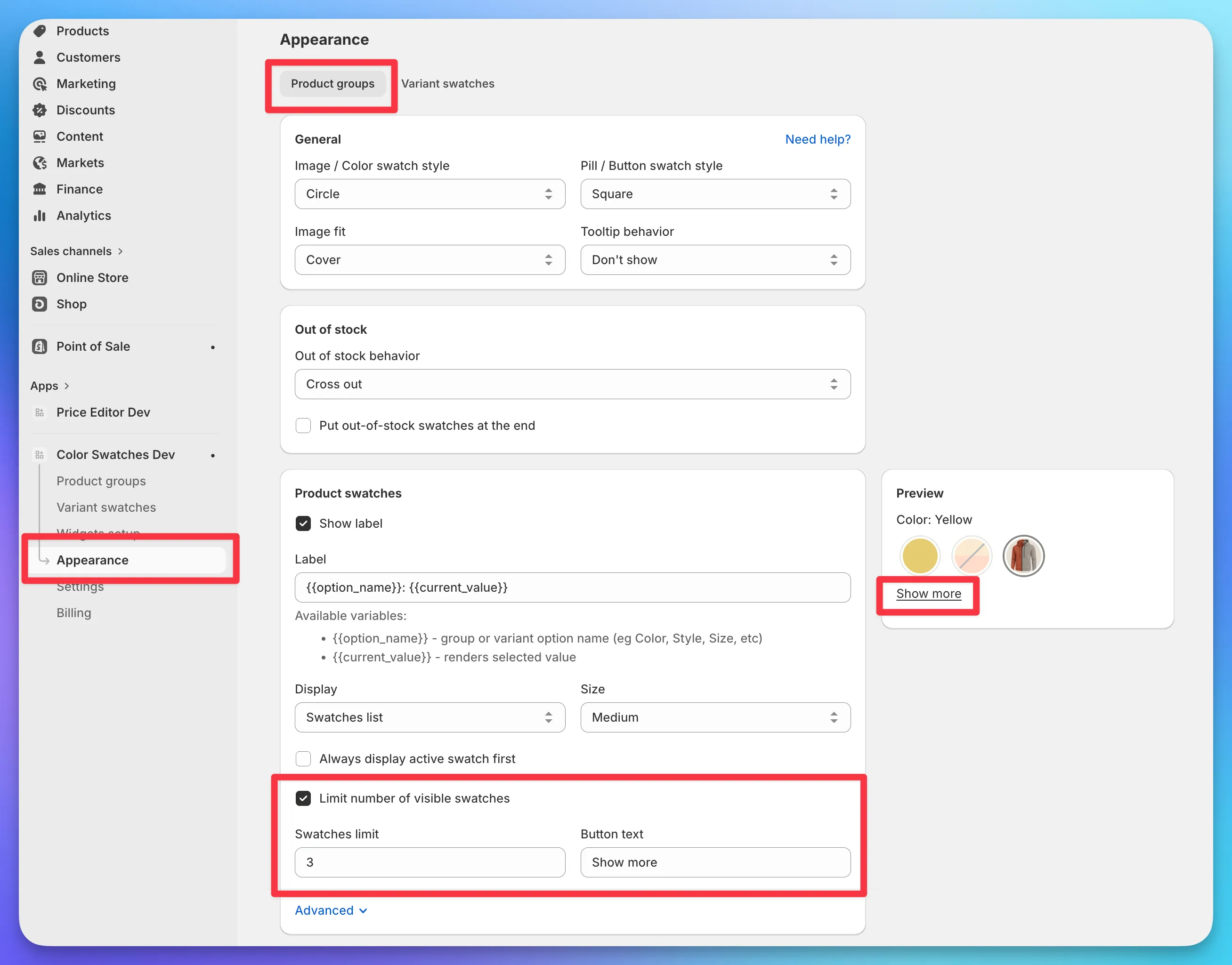 Appearance settings panel showing the swatches limit configuration