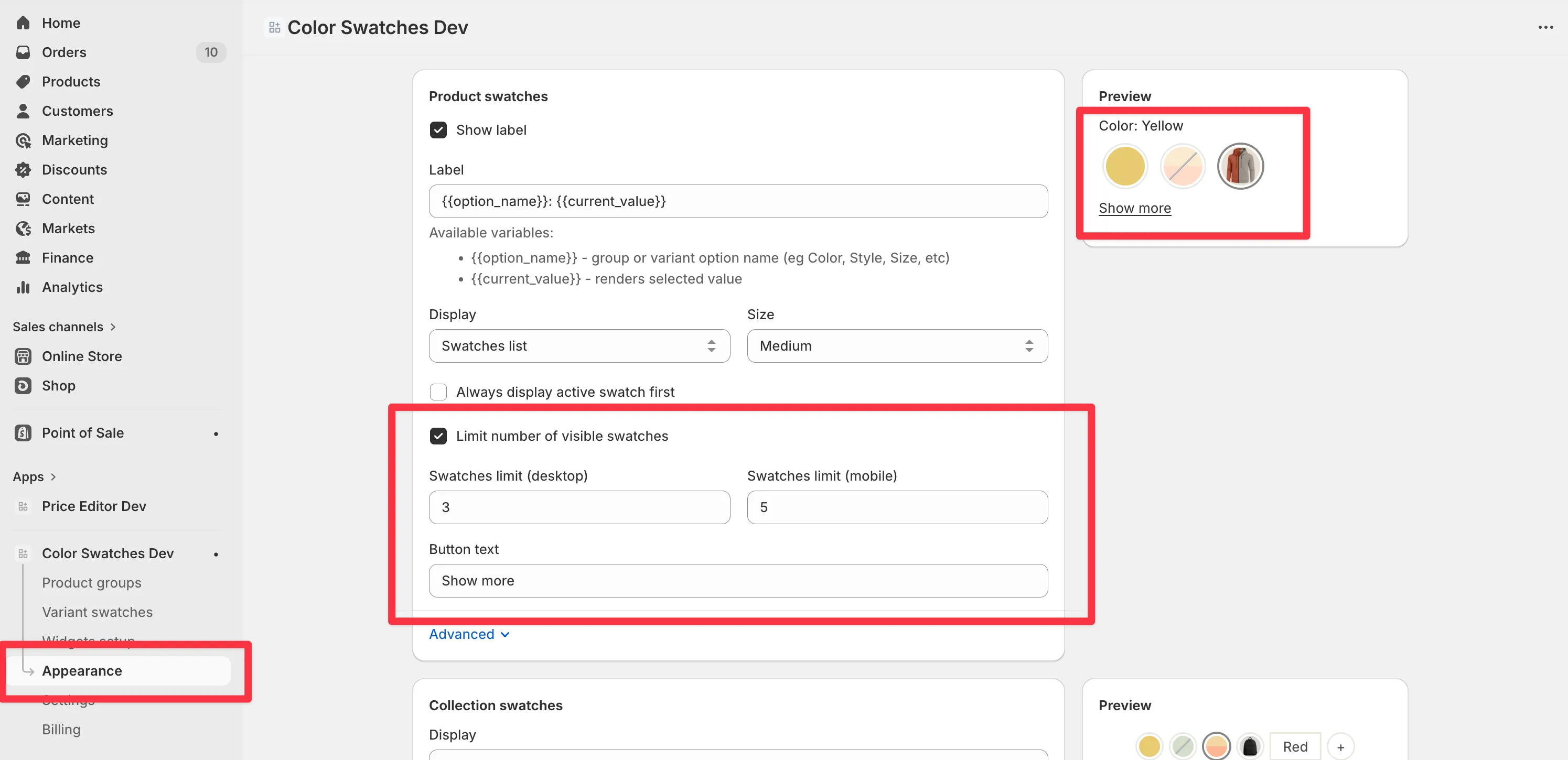 Appearance settings panel showing separate desktop and mobile swatches limit fields