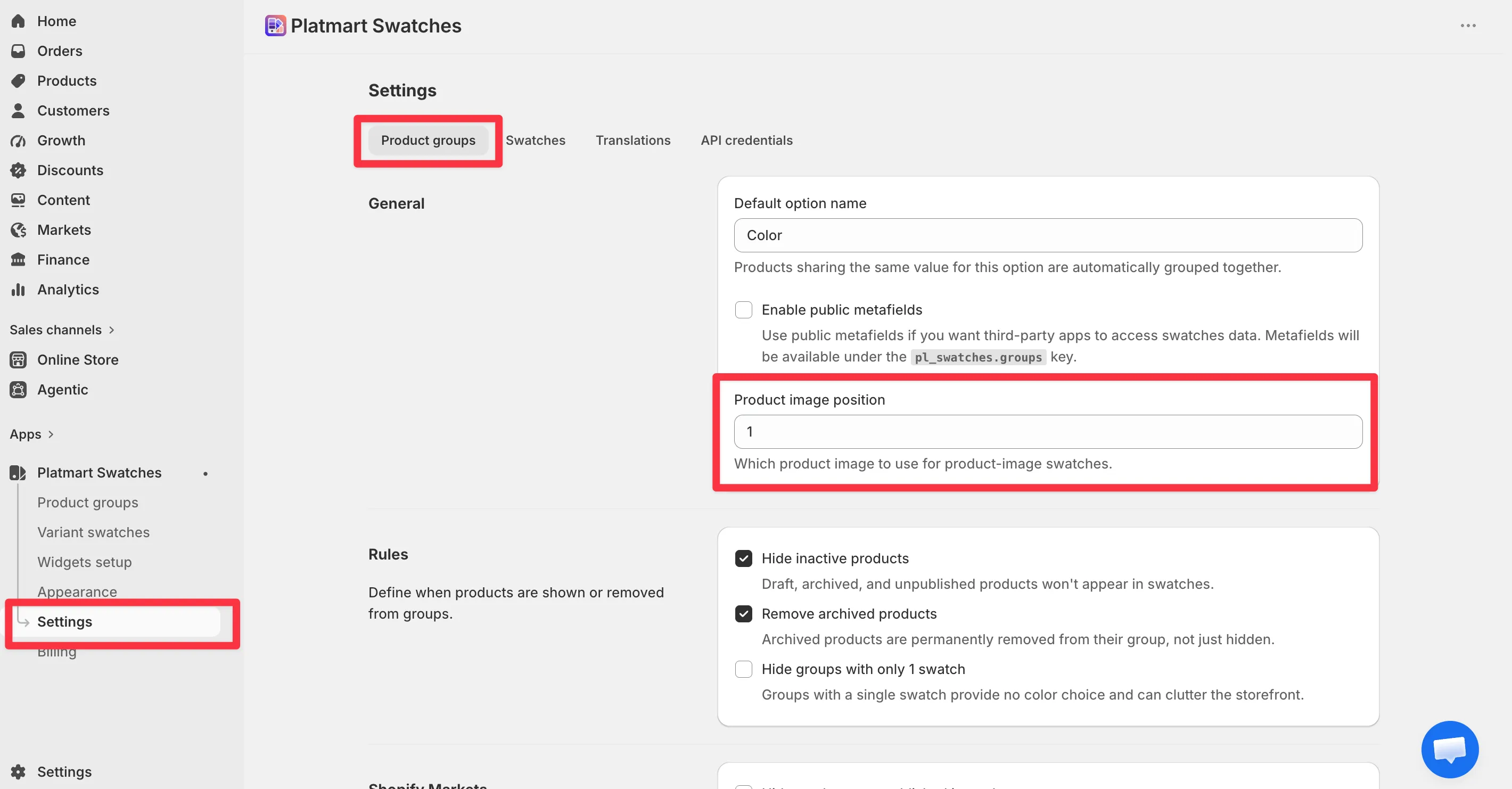 The Product image position number field in Settings > Product groups, set to 2.