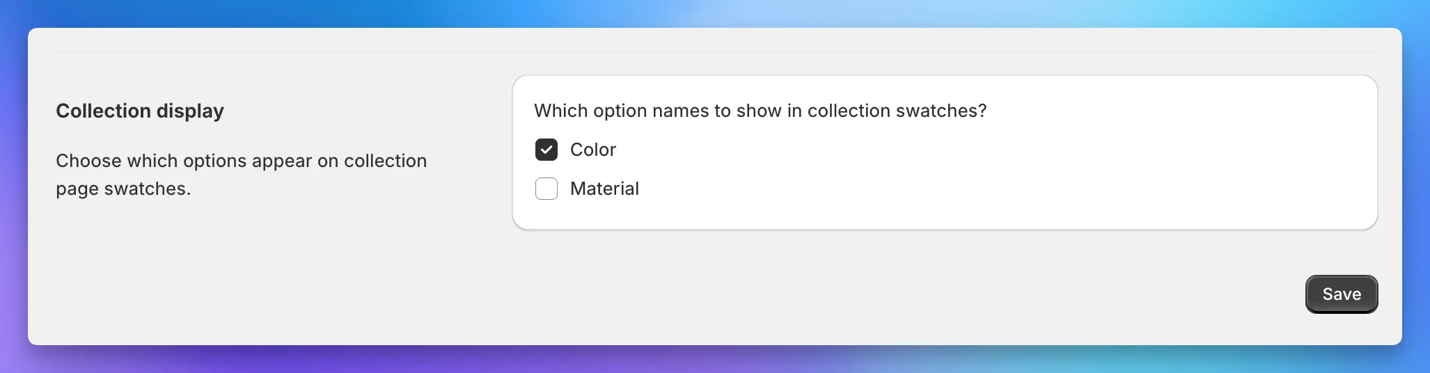 The Collection display section in group settings, with checkboxes to pick which option names show on collection pages