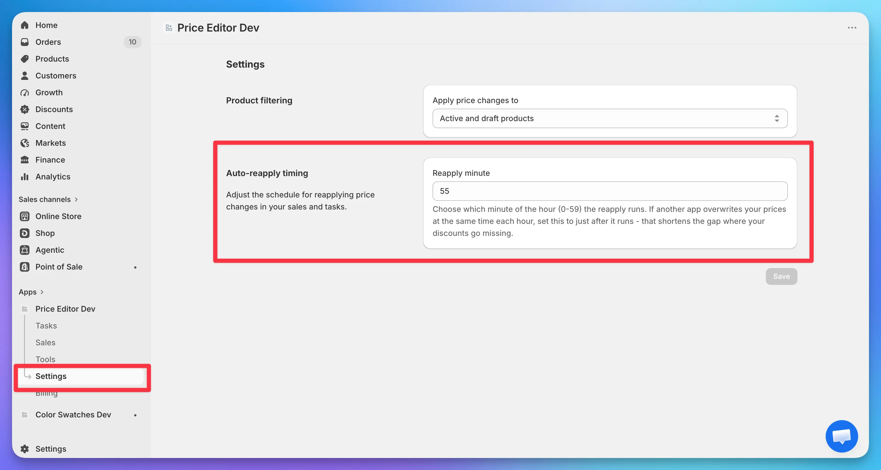 Settings page showing the Auto-reapply timing section with a Reapply minute number field