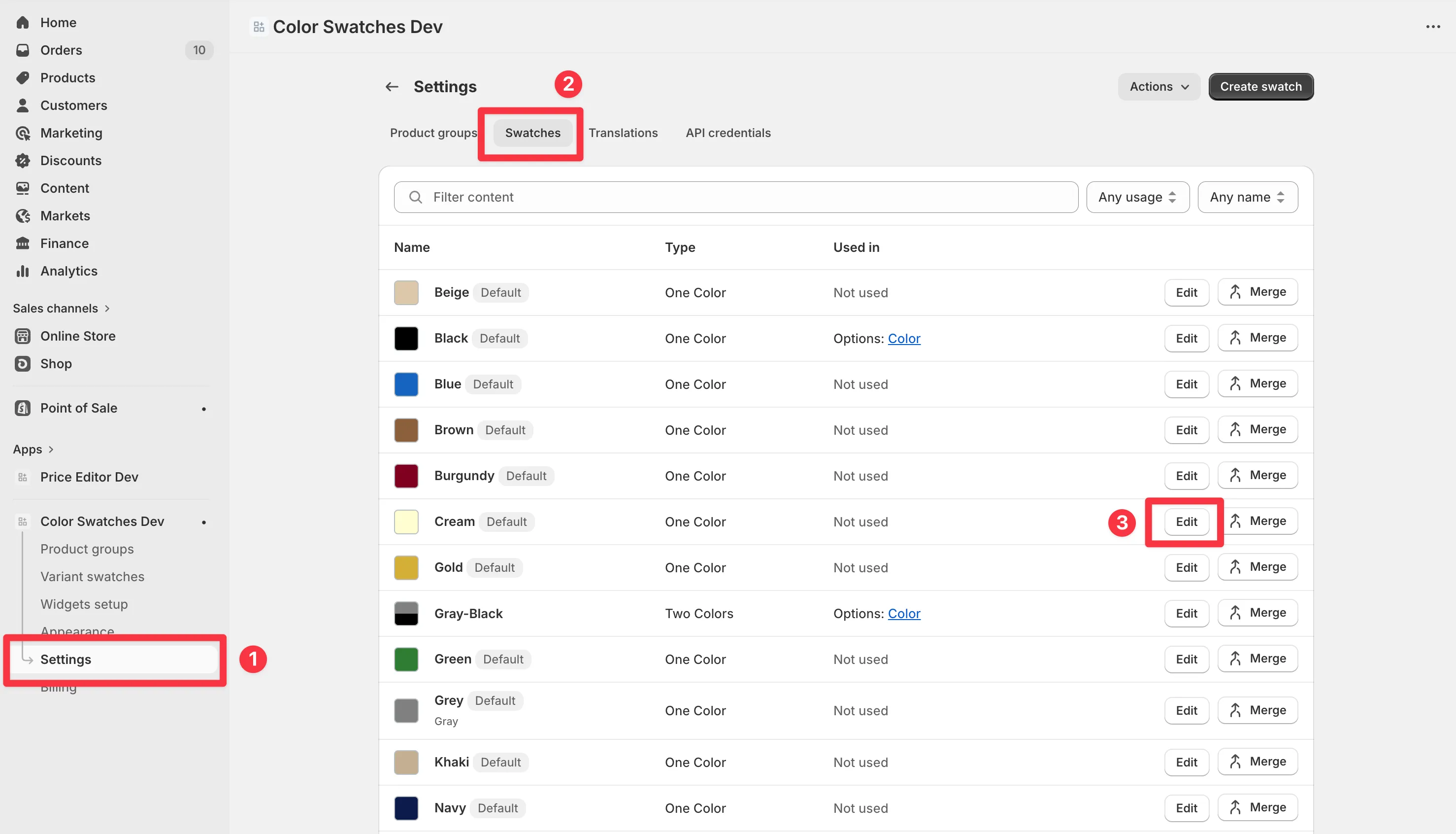 Settings > Swatches panel showing a list of swatches to select and edit