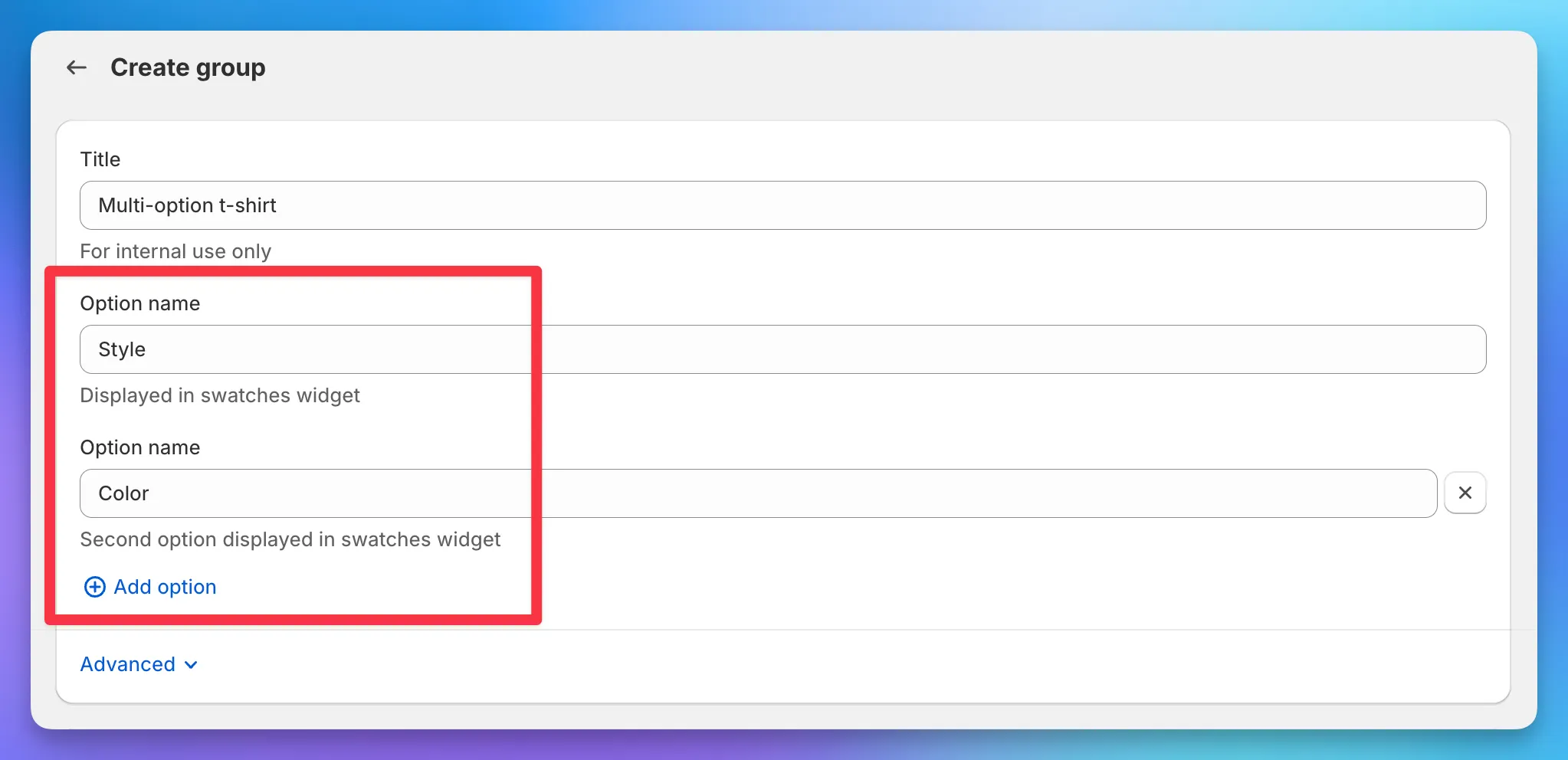 Group create form with Option 1 (Style) and Option 2 (Color) and the + Add option button