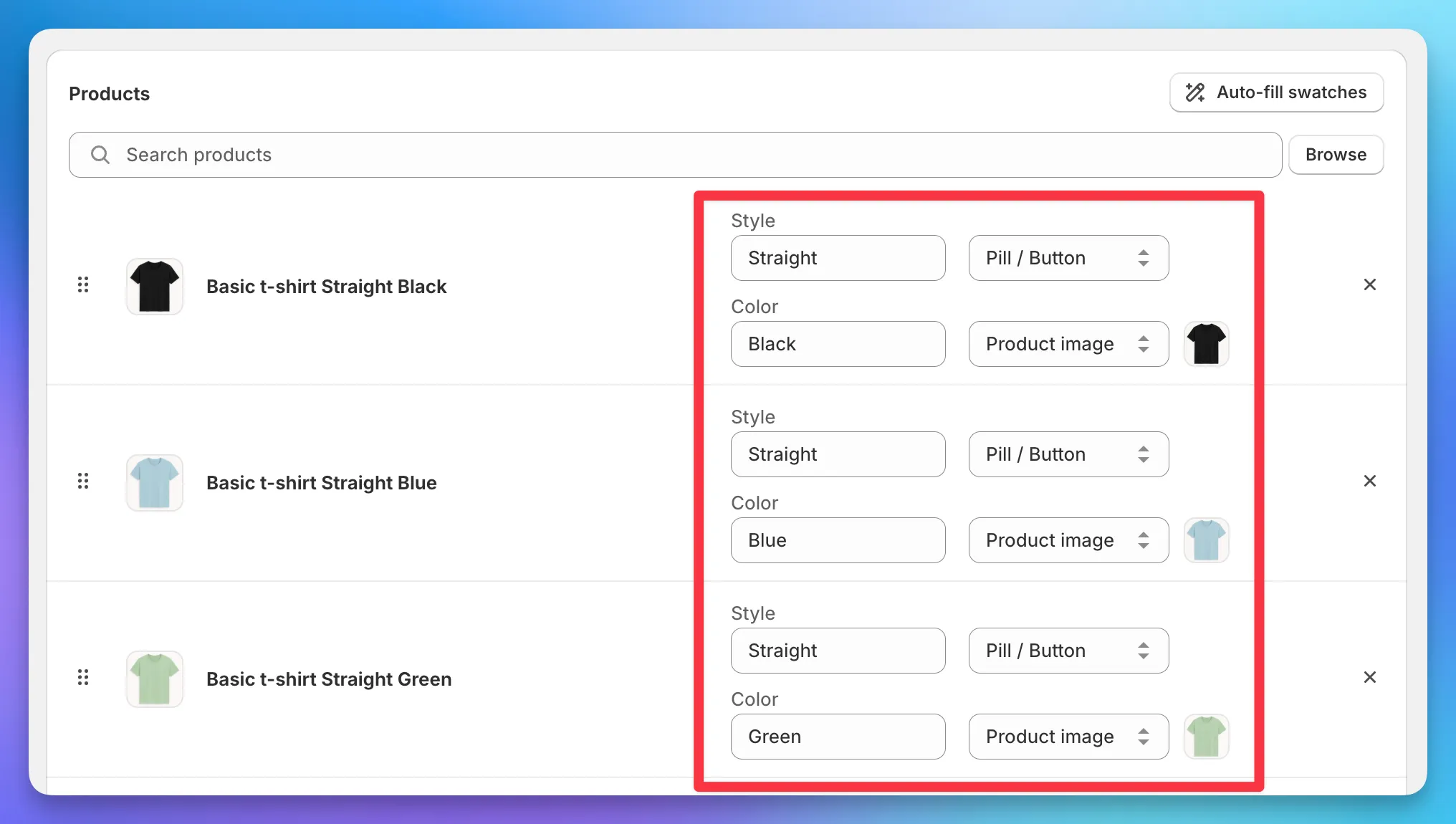 Product row inside the group form with Style and Color swatch fields side by side
