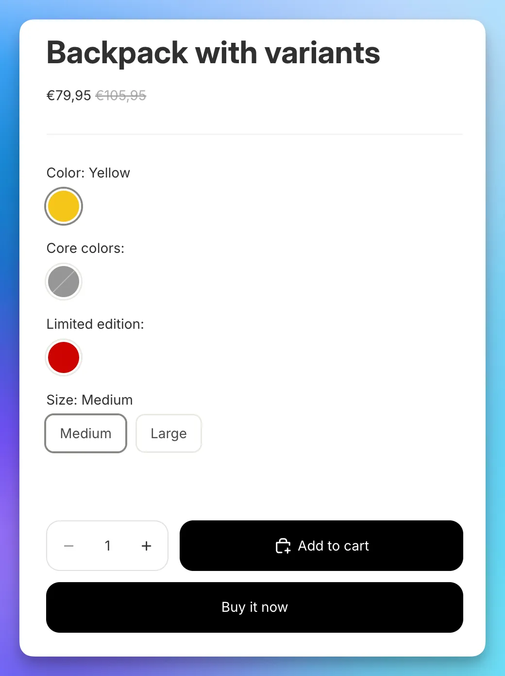 A storefront product page showing Color: Yellow with an unsectioned swatch, followed by Core colors and Limited edition headings, each with its own swatches.