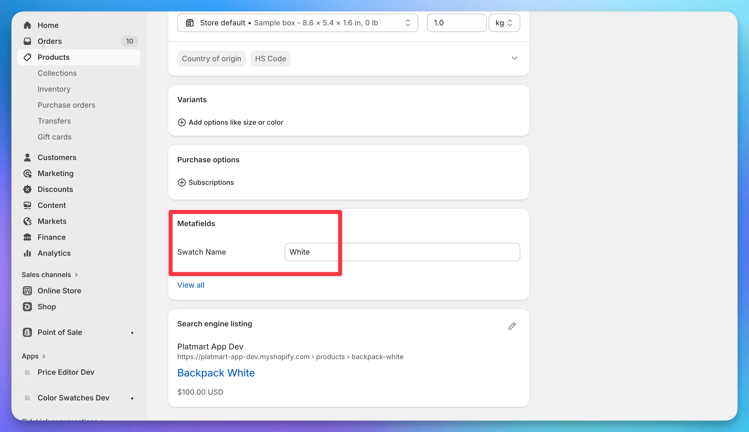A product in the Shopify admin with a Swatch Name metafield set to a color name.
