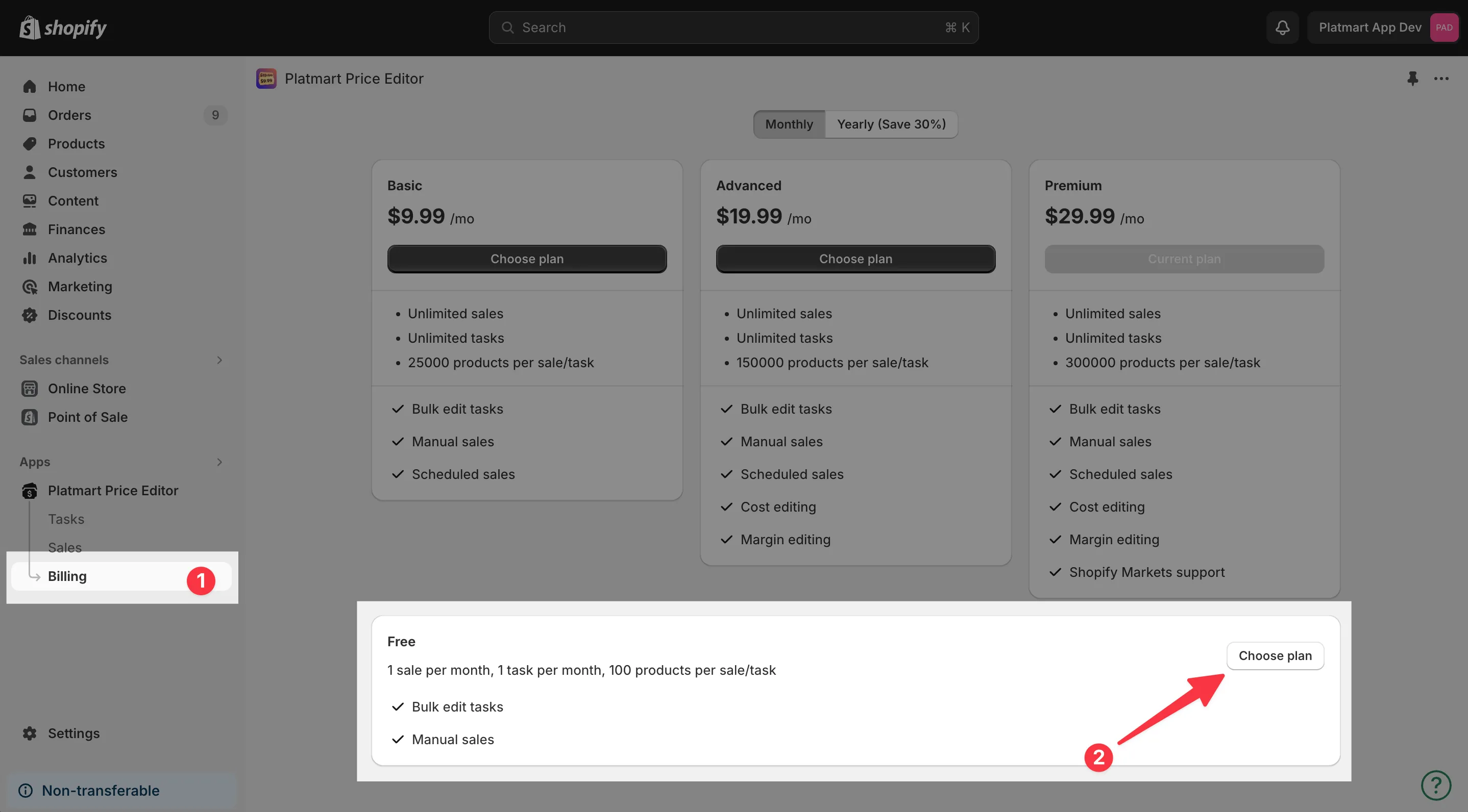 The Billing page with the Free plan option