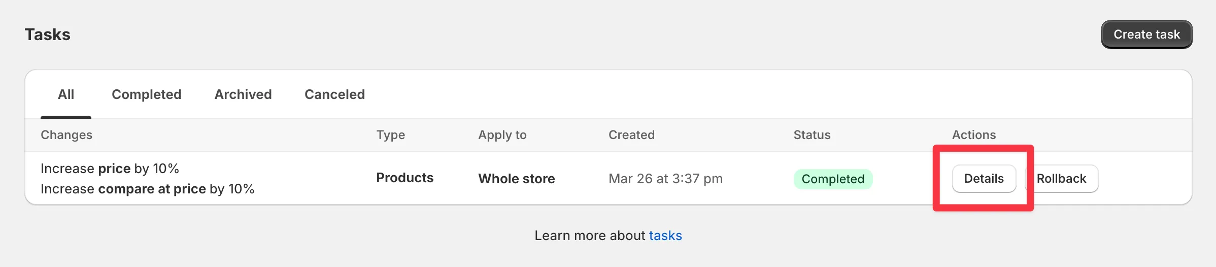 The task details page with the summary of applied changes
