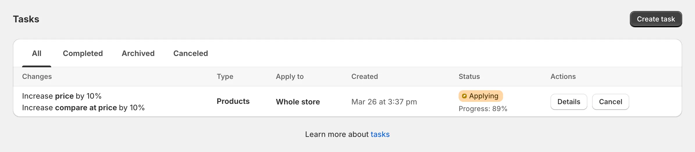 A task in the list showing its applying progress