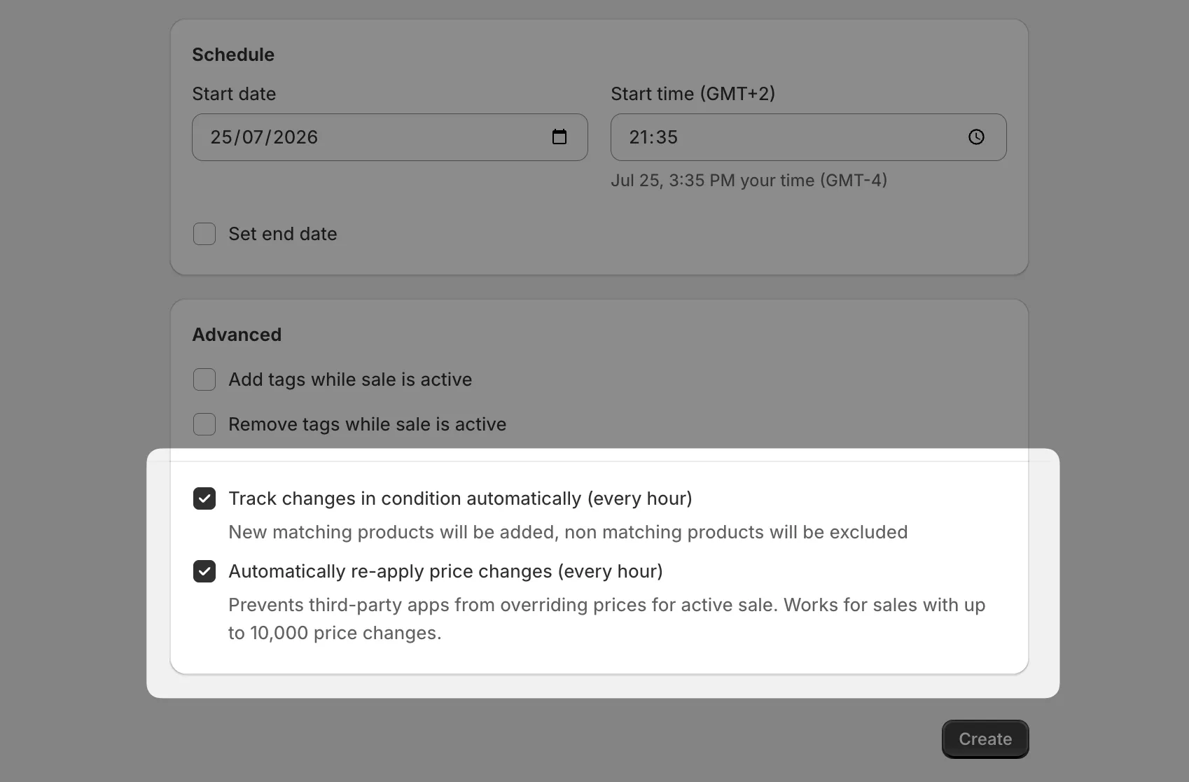 The Advanced card with Track changes in condition and Automatically re-apply price changes enabled