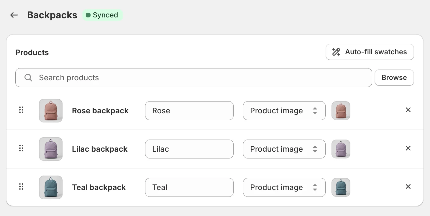 Color Swatches product group editor linking the Rose, Lilac and Teal backpacks, each with its product image as the swatch